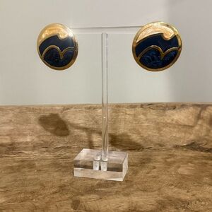 Vintage Large Enamel Circle Earrings - Blue and Champagne Color